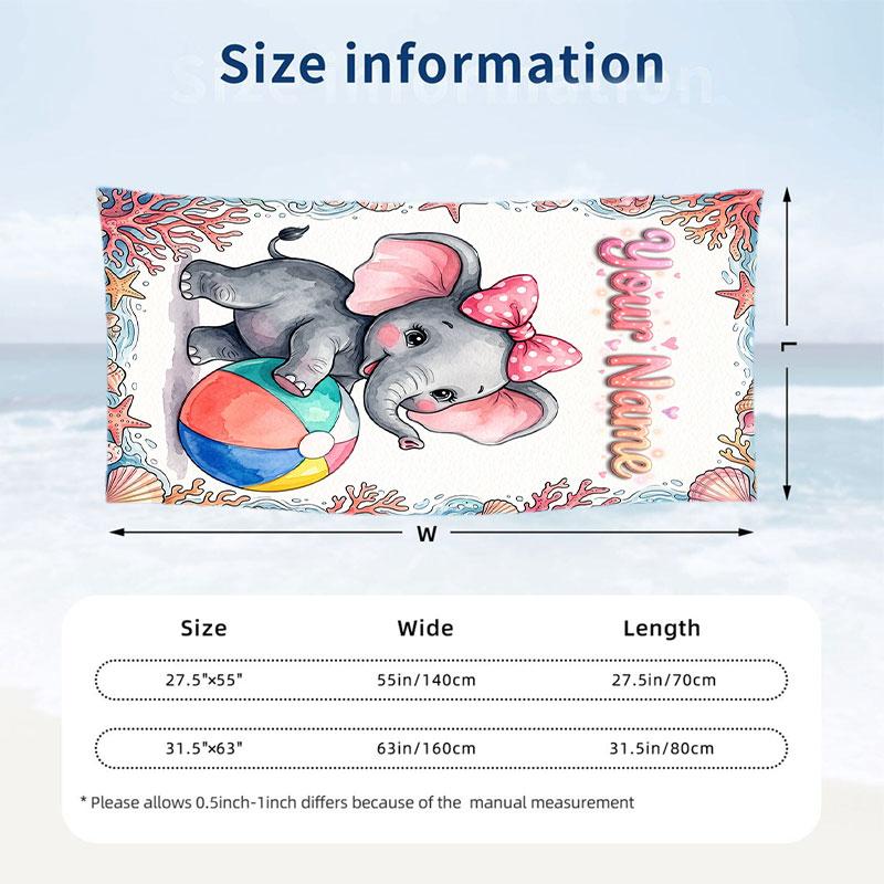 Elephant Theme Beach Towel Personalized Custom Name & Text Soft Quick Dry Beach Towel for Swimming Travel