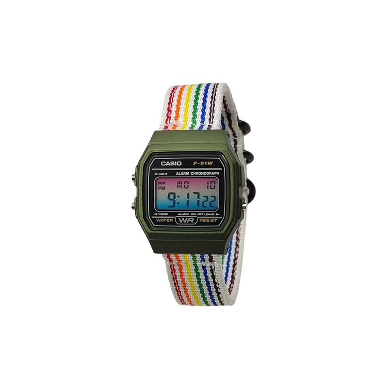 Casio Customized Watch Modified Series F-91WM-3A-Celestine Surge Quartz Nylon Strap Men's F-91WM-3A--Celestine-BaiCaiSeBiaoDaiFenLanJianBianBiaoJing