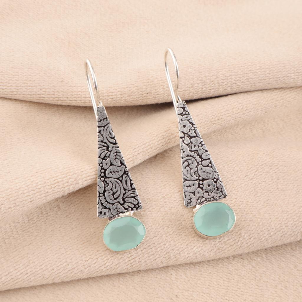 Gemma di Calcedonio Acquamarina Naturale Gioielli in Argento Sterling 925 Orecchini Fatti a Mano 1.9" EE-165-19