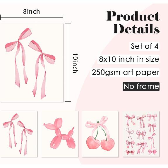 ULEGIE Coquette Pink Bow Preppy Wall Art Decor Set of 4, Coquette Room Decor, Cherry Balloon Dog Preppy Room Decor, Girly Pink Posters Prints for