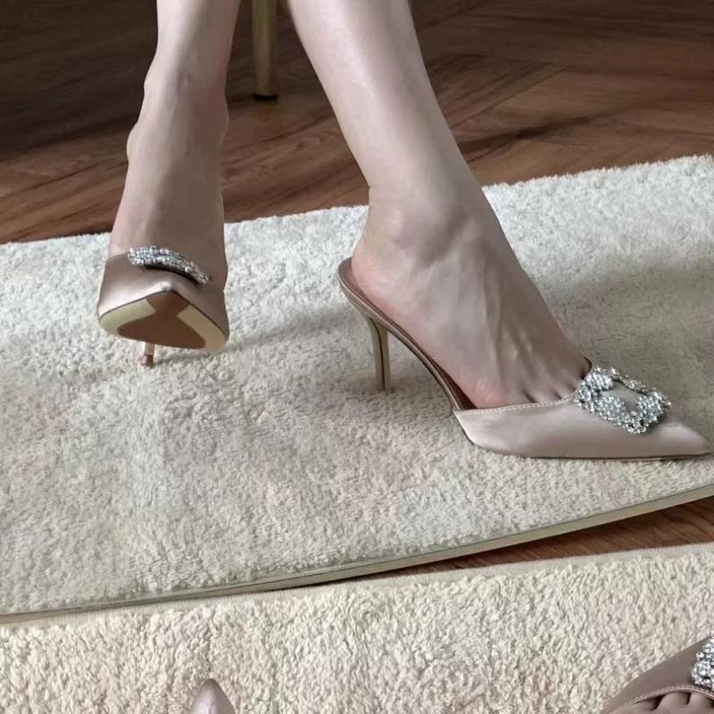 Sun Zhihui Summer New Sandals Rhinestone Pointed Square Buckle Bag Head Thin Heel High Heels Wear Half Drag Women
