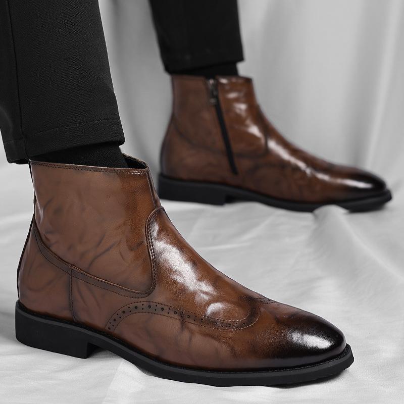 Round Head Chelsea Boots Top Layer European and Korean Retro Flat Bottom Short Boots Martin Boots One Pedal Shoes