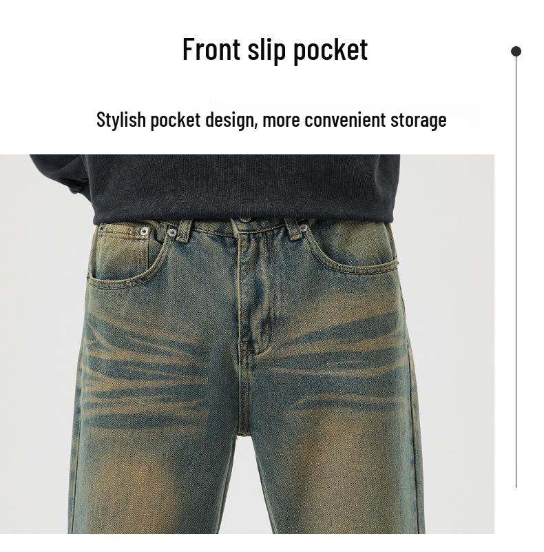 Men's Washed Retro Blue Micro-Flare Jeans - Spring/Summer Straight Loose American Trend, Wide Leg Long Pants