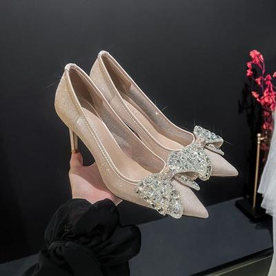 Tacchi a Rete Tacchi a Spillo da Donna Sexy Fiocco di Strass Scarpe da Sposa Bianche Abito Champagne Scarpe Singole da Donna per Banchetto