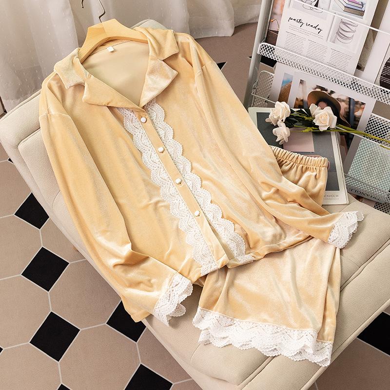 

Сексуальные брюки с длинными рукавами, двухсекционный кружевной лацкан, домашняя одежда в стиле суда, бархатная осенне-зимняя теплая пижама, повседневный комплект одежды для сна XL