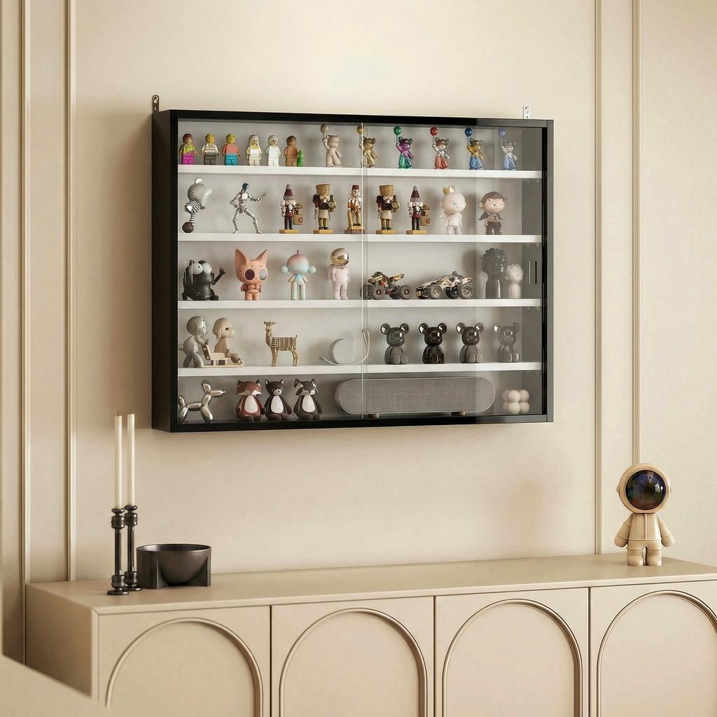 5-Tier Wall Display Cabinet, Wall Mounted Display Case w/ 4 Adjustable Shelves, Glass Doors, 60x80cm, Black and White