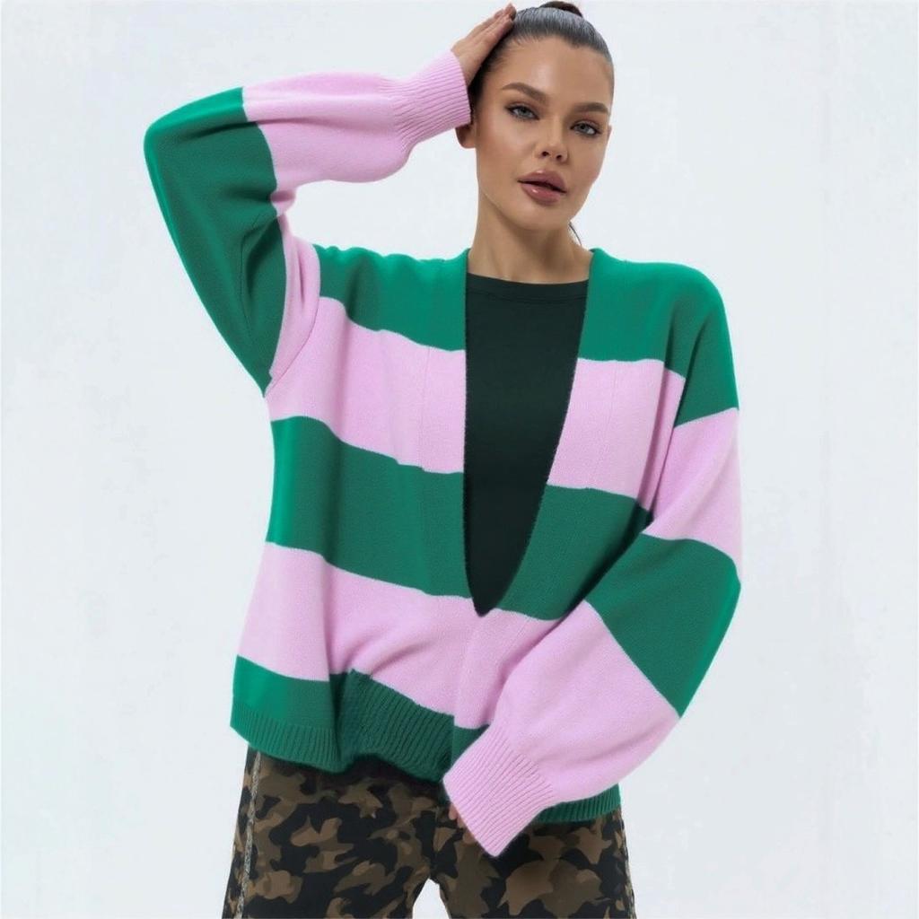 Pullover im europäischen und amerikanischen Stil, farbblockierter gestreifter Cardigan für Damen, lockere Strickjacke mit langen Ärmeln für Damen, Damenpullover
