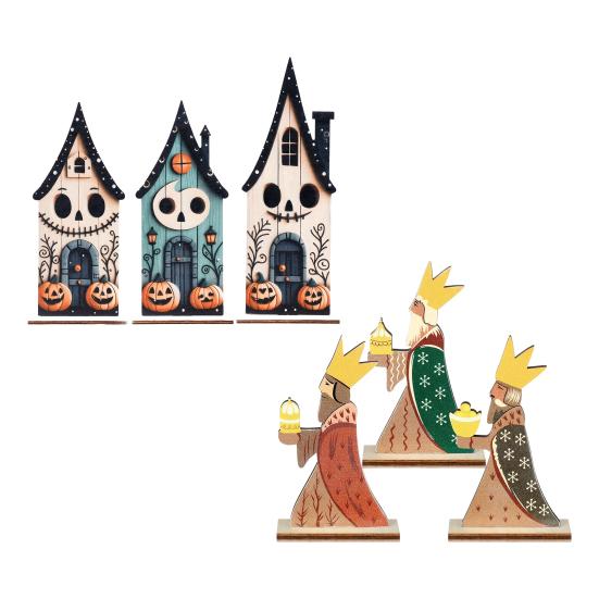 Durable Solid Wood Decor 3Pcs Halloween Ghost Pumpkin House Ornaments, 2D Flat Wooden Tabletop Decorations Office Desk Holiday Decoration for