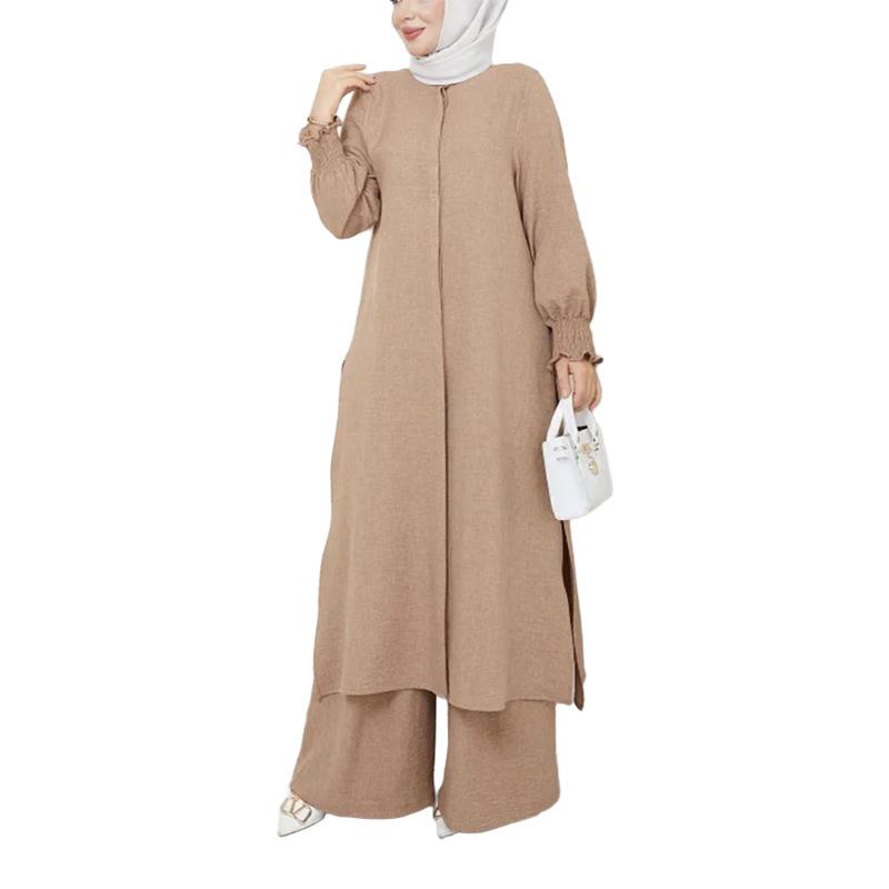 Elegant Women's Two-Piece Set: Long Sleeve Shirt & Wide-Leg Pants with Side Slit - Arabic Style