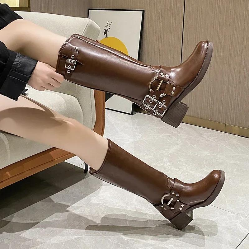 Women Knee High Chelsea Boots Mid Heels Winter Shoes  Designer Fashion Goth Boots Walking Motorcycle Boots Pumps Femme Shoes