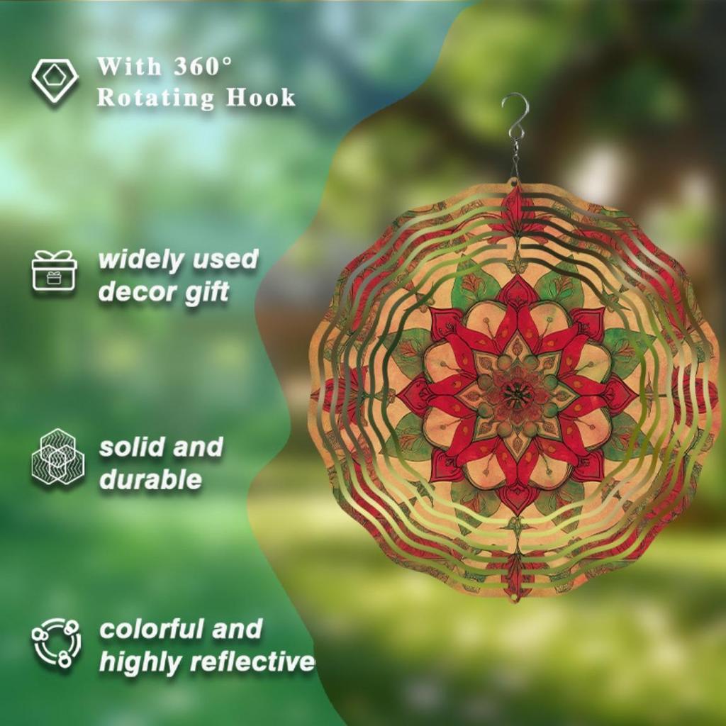 10 Zoll Hängendes Windspiel Ethnisch Mandala Design Metall Windglocke für Balkon Rasen Gartendekor Drehbarer Haken Geschenk für Frühling Sommer