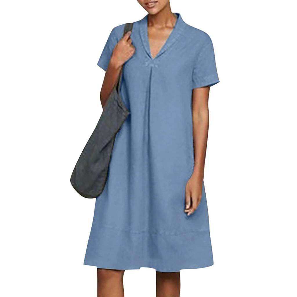 Women's Summer Casual Midi Short Sleeve Dresses Solid Color V-Neck Beach Vacation Dresses
