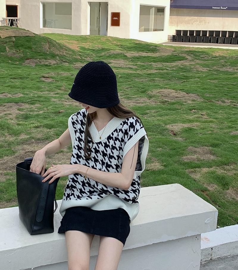 Dame Genser Vest Høst Houndstooth Rutete V-hals Ermeløs Strikket Vintage Løs Oversized Dame Genser Vest Dameklær