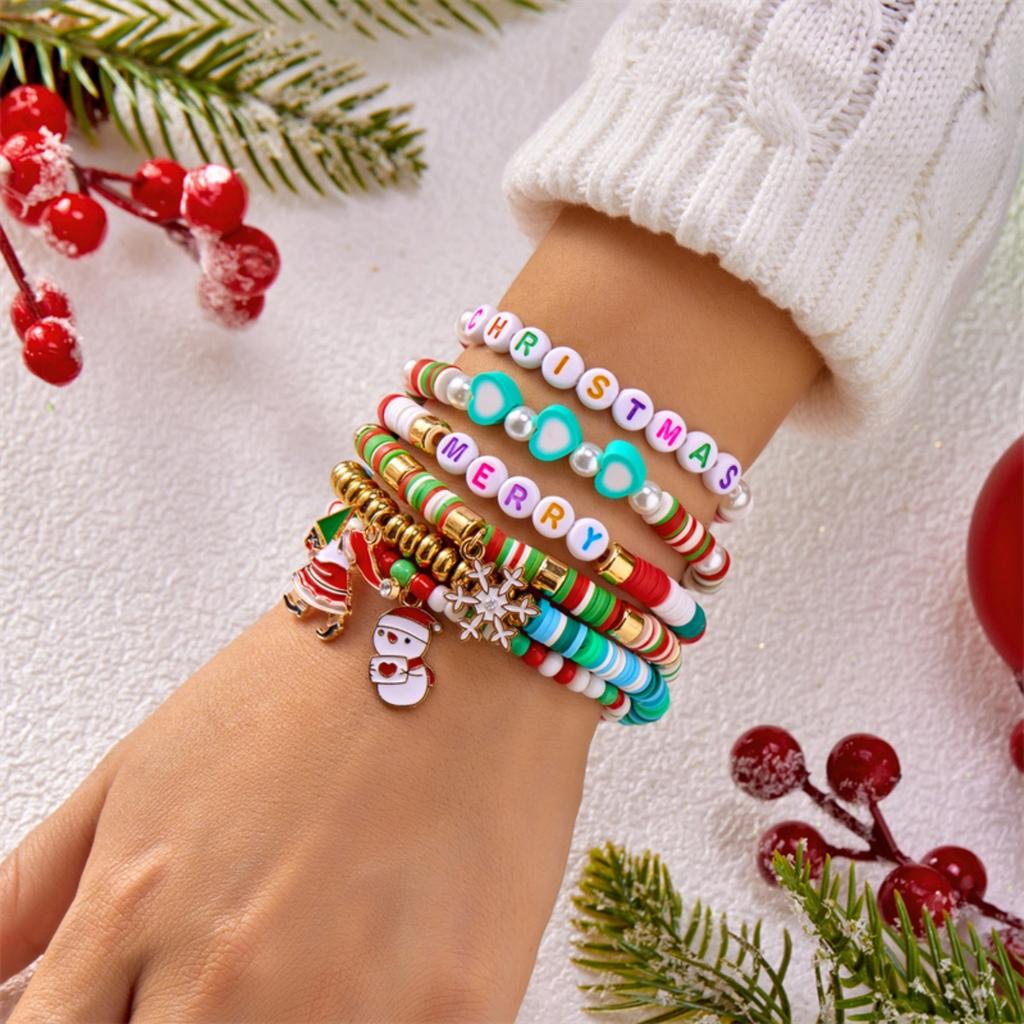 Christmas Crutch Star Santa Claus Deer Bell Snowflake Snowman Wreath Crystal Soft Clay Rice Beads Bracelet For Women Men Jewelry