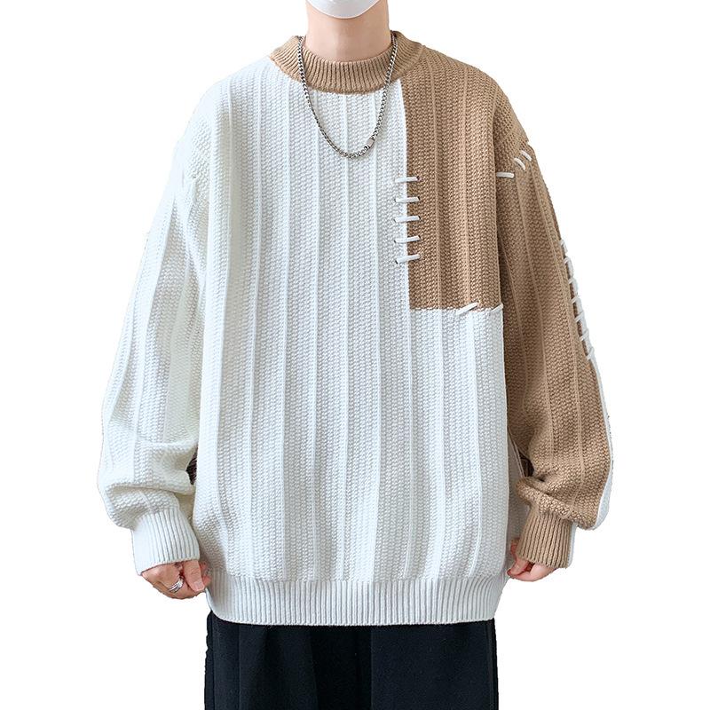 Hot-selling model, fashionable contrasting splicing sleeve, thickened crew neck sweater for men