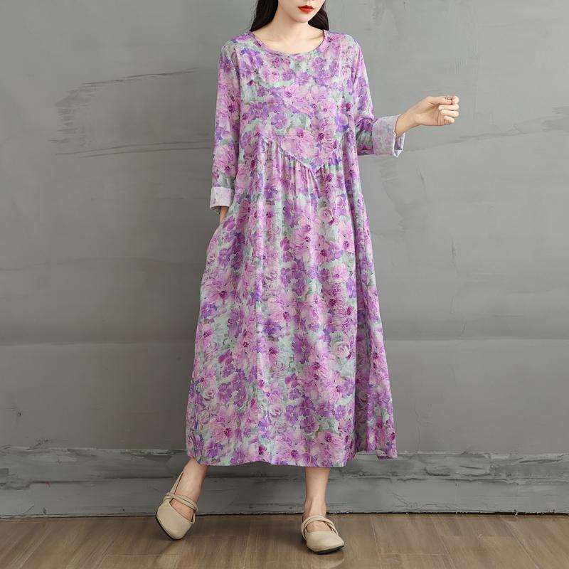 DIMANAF 2025 Women Plus Size Spring Summer Dress Casual Dress Basic Vintage Loose Floral Printing Long Sleeve Maxi