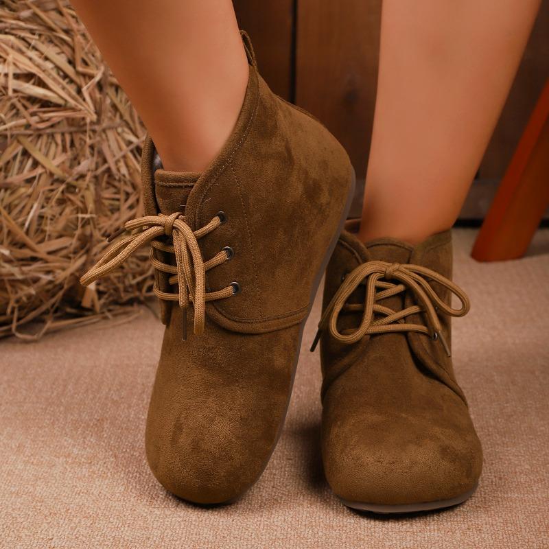 

Осенние новые ботинки на плоской подошве из хлопка, женские замшевые ботильоны с круглым носком на шнуровке, шерстяные теплые нескользящие износостойкие 42 коричневый
