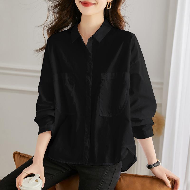 

Синяя рубашка из чистого хлопка для женщин с длинным рукавом, осенняя одежда, новый дизайн в корейском стиле, свободный повседневный универсальный топ XXL чёрный