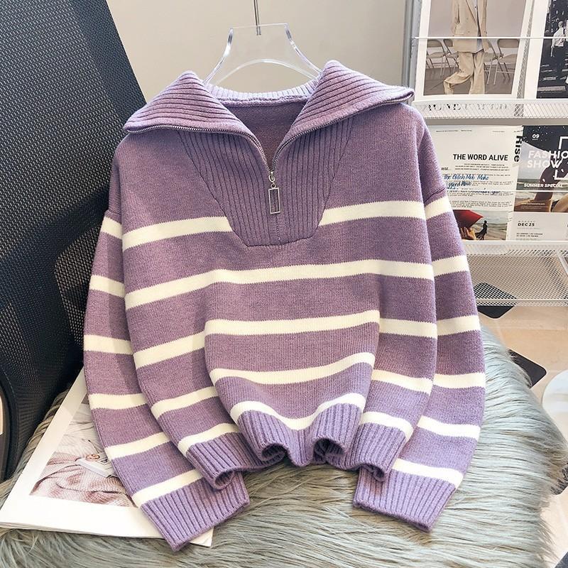 Autumn Winter Stand Color Vintage Striped Patchwork Pullover Sweater Women Loose Casual All-match Knitting Top