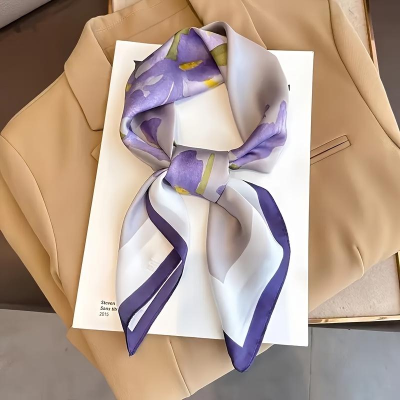 Elegant Lavender Print Shawl Square Scarf for Women Satin Fashion Wraps Neckerchief Female Hair Bands Ribbon Headband Bandana