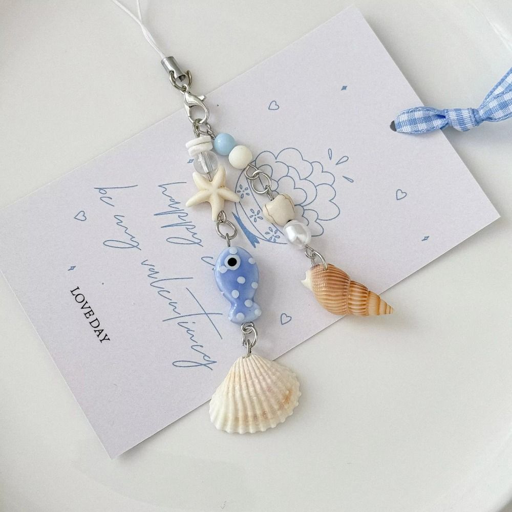 Blue Color Phone Lanyard Starfish Keychain Pendant Cute Seashell Keychain For Women