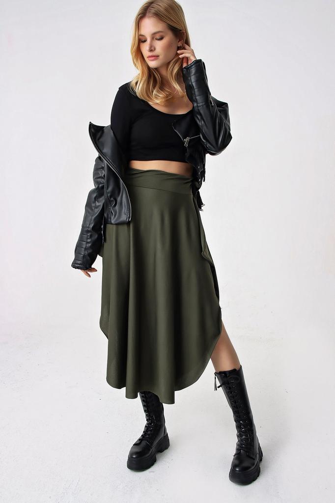 Women's Skirt New Season Fashion Black Patterned Asymmetric Cut Tie Waist Skirt