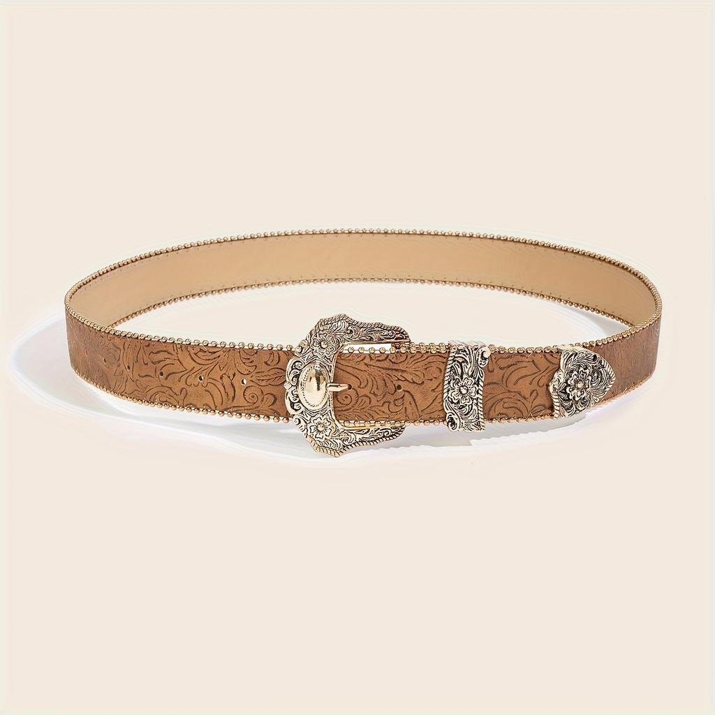 Women's Brown Luxury Elegant Retro Court Metal Buckle Floral Pattern Belt, a Versatile Accessory for Western and Bohemian
