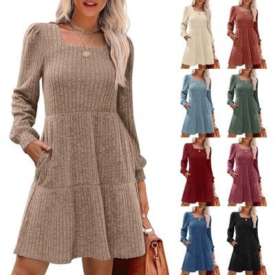 Womens  Square Neck Long Sleeve Dress Casual  Knit Dress With Pockets