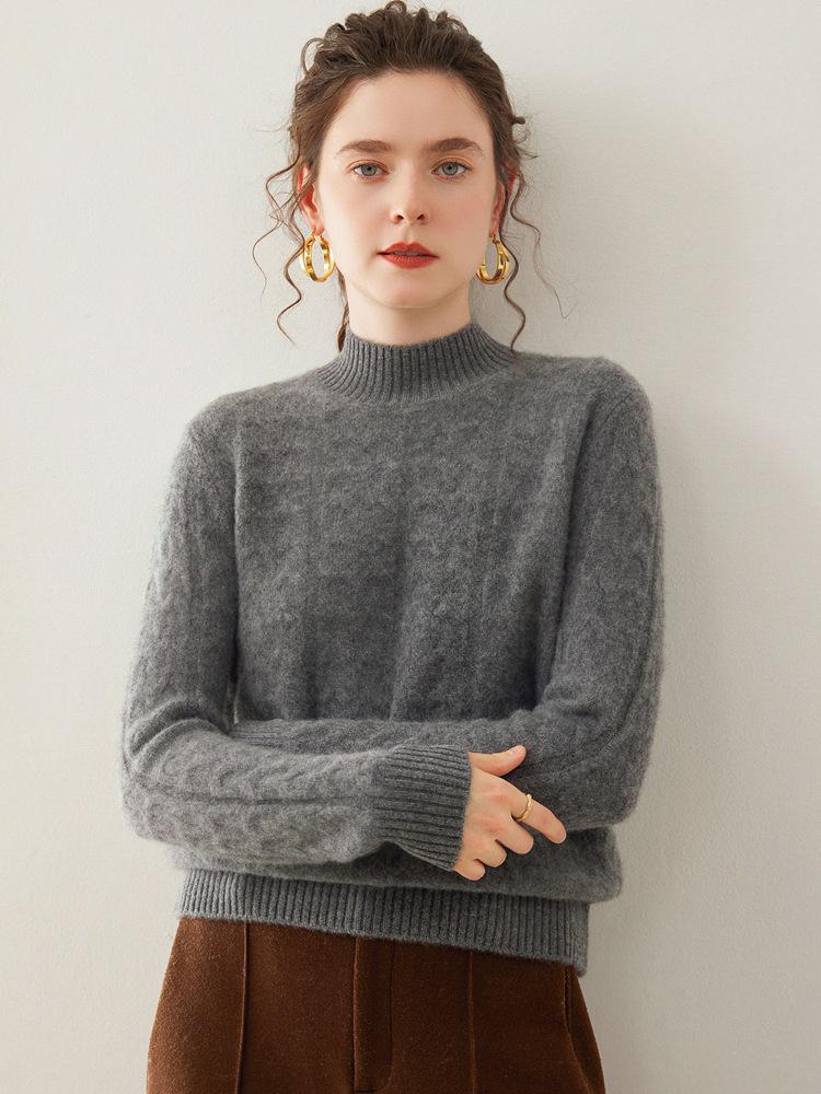 Women's Cable Knit Cashmere Half-High Neck Pullover Sweater