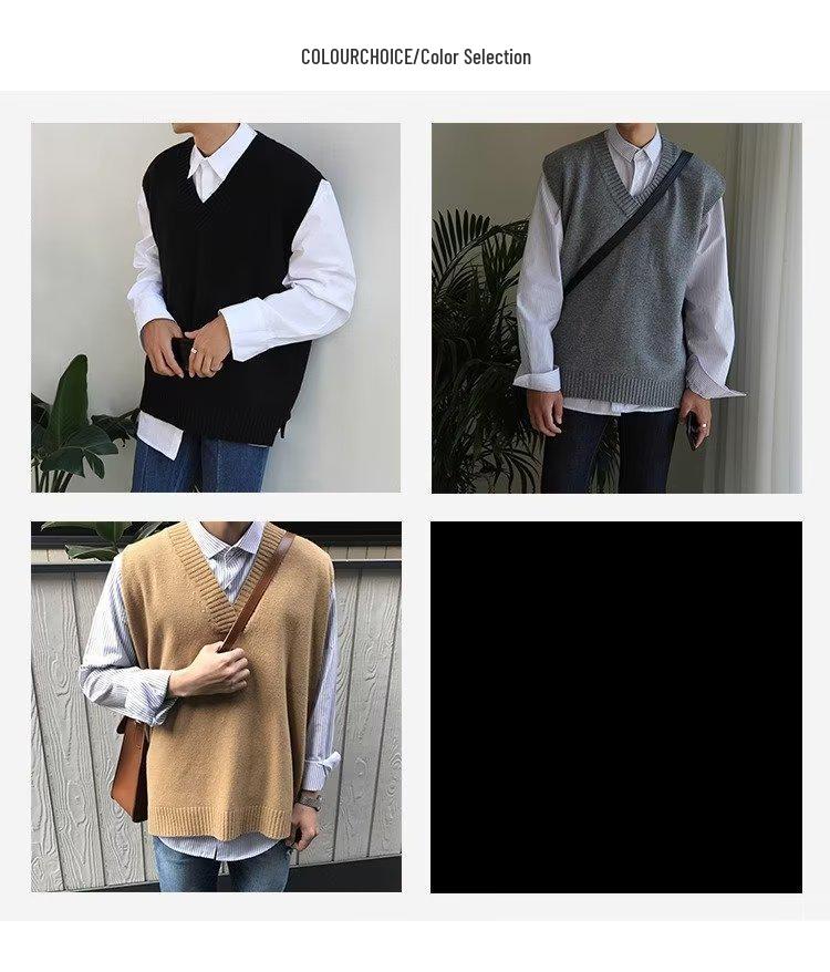 Korean Style V-Neck Sleeveless Cardigan - Men's Knitted Sweater Vest for Spring & Autumn In Solid Colors