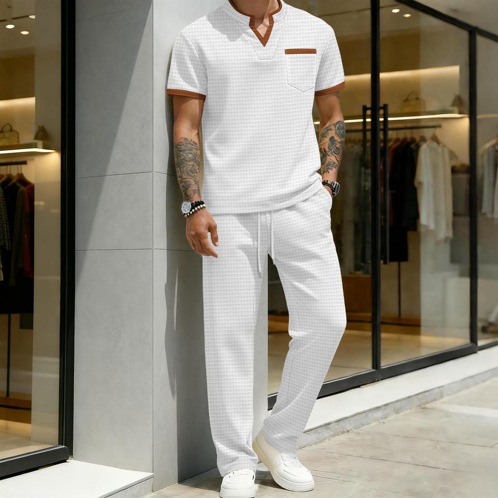Men's Plaid Color-Block Casual Suit with Short Sleeve V-neck T-shirt and Long Pants
