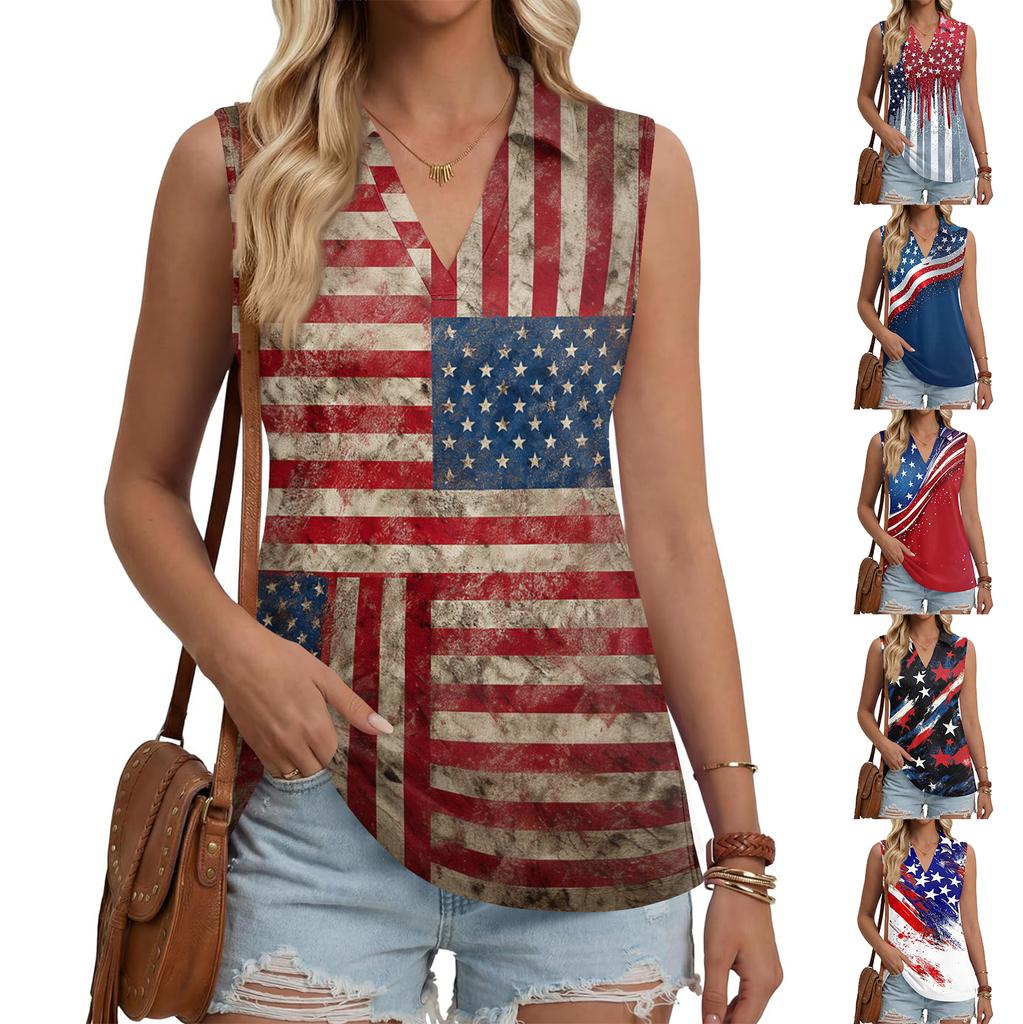 Womens Sleeveless Button Down V Neck Collared Top with Printed Pattern Casual Loose Fit Comfortable Tank Blouse for Summer