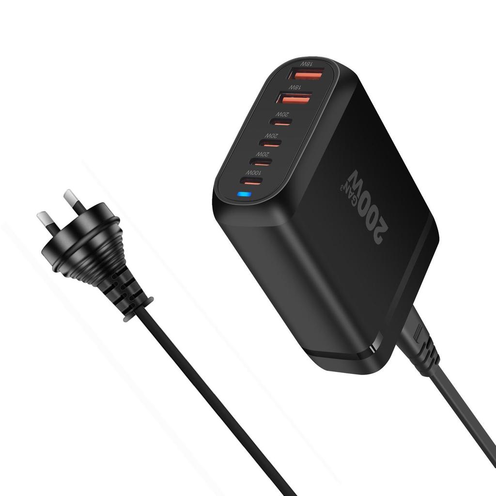 200W GaN 6-Port Charger with 3 USB-A & 3 USB-C PD Ports - Multi-Port Desktop Charger