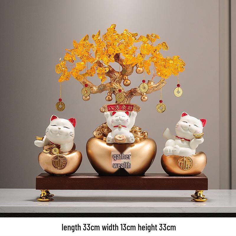 Fortune Cat Money Tree Figurine - Office, Shop, Reception & Housewarming Decoration