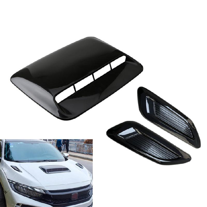 3X Car Hood Scoop Side Vent Bonnet Air Flow Intake Decor Cover Kit Glossy Black