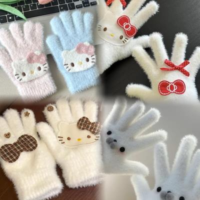 Women's Winter 2025 Retro Plaid Kitty Gloves: Warm Five-Finger Cycling Cold Protection