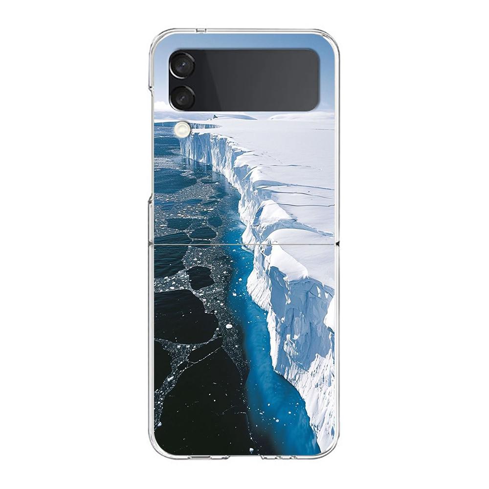 Transparent Phone Case For Samsung Galaxy Z Flip 3 4 5 6 7 Hard Folding PC Z Flip3 Flip4 Cover Antarctica snow scenery