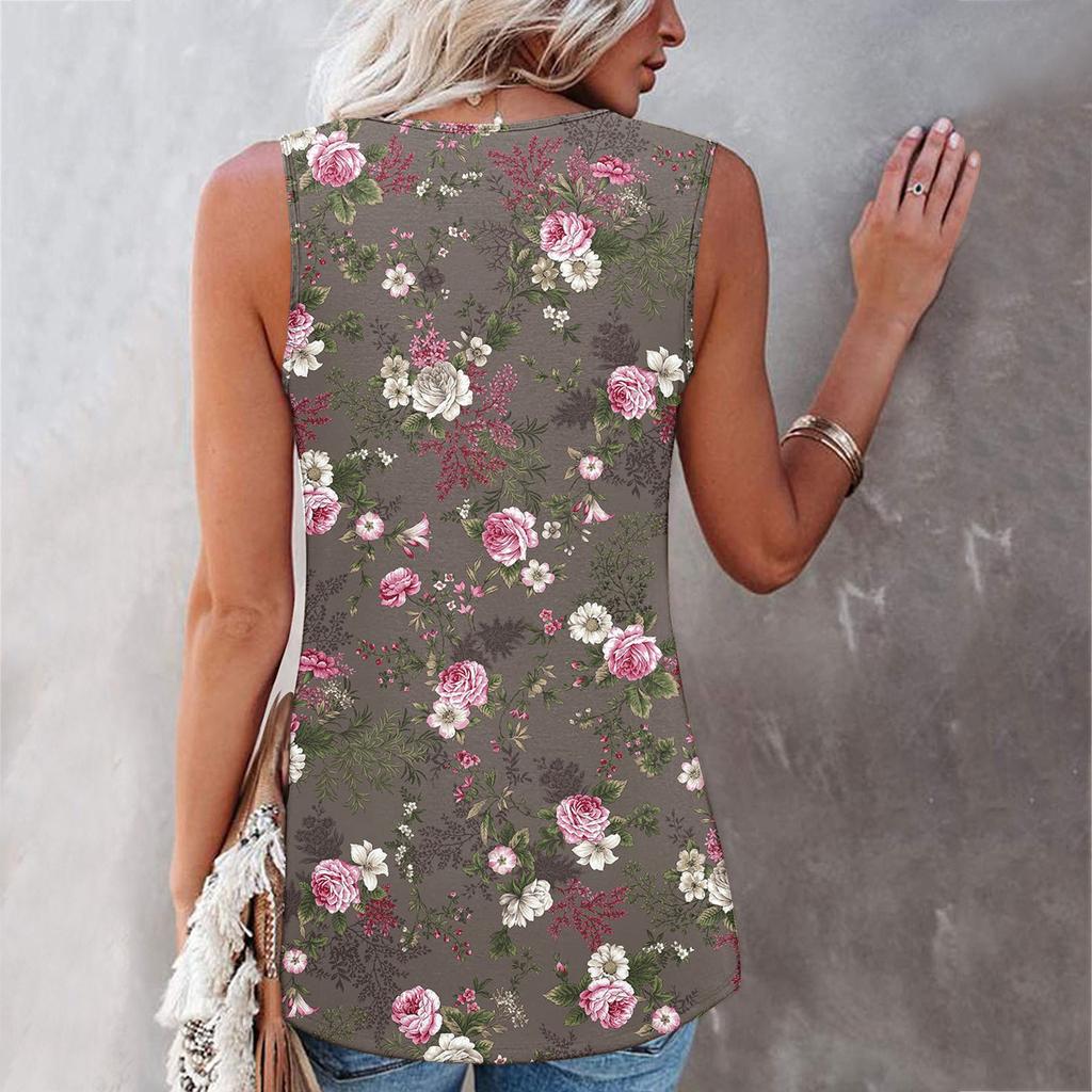 Ladies Casual Plus Size Loose Tank Top Flower Print Sleeveless Pleated T-Shirt