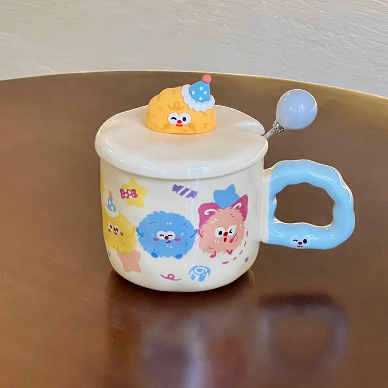 Cute Cartoon Coal Ball Ceramic Mug with Lid Couple Water Cup Girl Birthday Gift Girlfriend Souvenir Gift Box