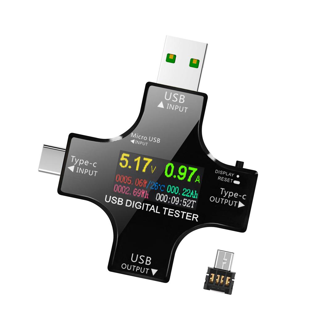 2 In 1 Type C USB Tester with IPS LCD Color Screen USB Voltmeter Ammeter Current Voltage Tester Mini Digital Multimeter with OTG