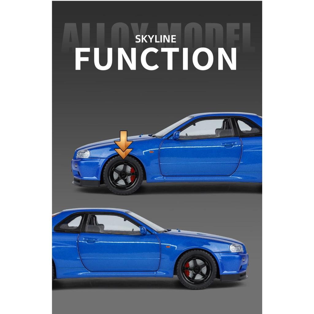 1/18 Nissan GTR R34 Skyline Supersportwagen Legierung Metall Diecast Modellauto Ton und Licht Kinderspielzeugauto Mikrofahrzeug Junge Geburtstag