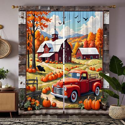 2pcs HD Harvest Festival Mountain Hut Pumpkin Bus Decorative Curtain Yellow Tie Digital Printed Curtain Home Decoration Style