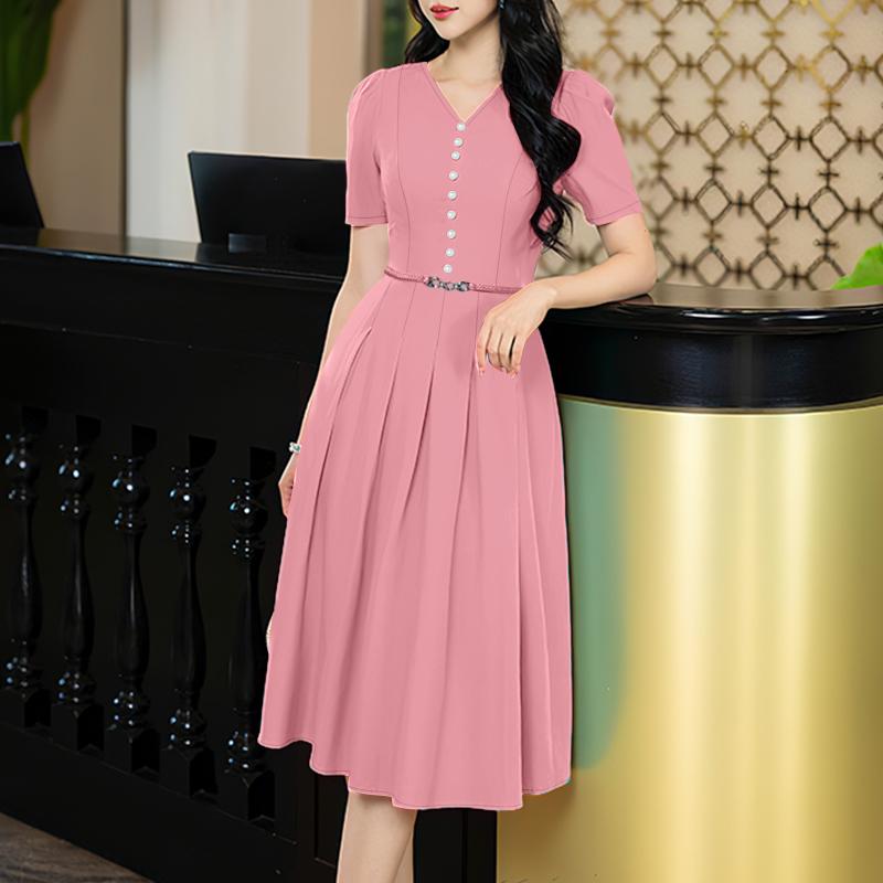 

ZANZEA Женское повседневное миди-платье с V-образным вырезом и коротким рукавом розовый