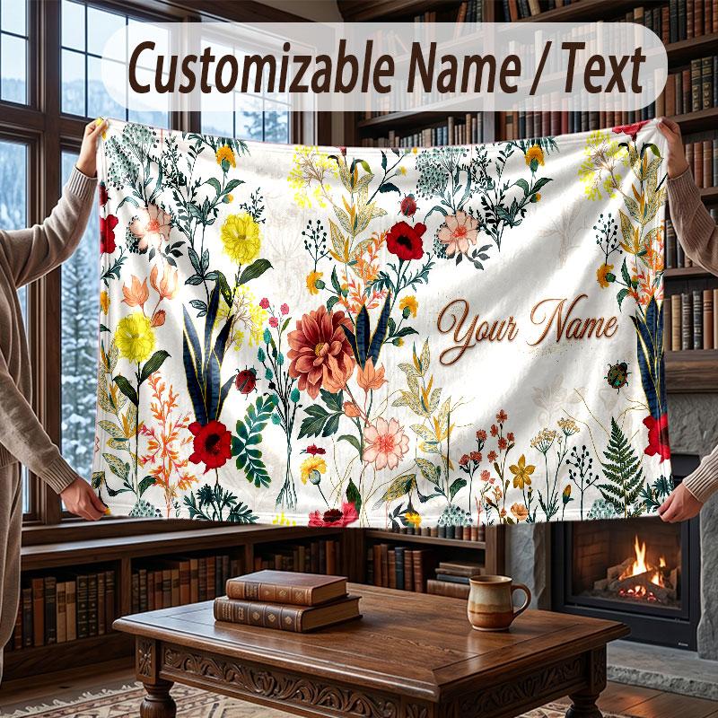 Floral Garden Theme Throw Blanket Custom Name Text Personalized Blanket Soft Cozy Blanket for Home Sofa Bed