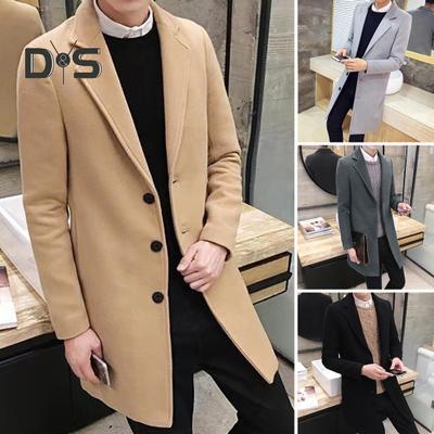 Men Fall Winter Coat Solid Color Lapel Mid Length Long Sleeve Cardigan Single Breasted Anti Wrinkle Business Formal Style Coat