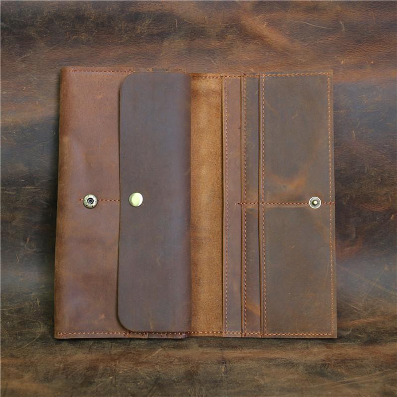 Men's and Women's Long Wallet, Wallet Clip Layer, Cowhide, Crazy Horse Leather Buckle