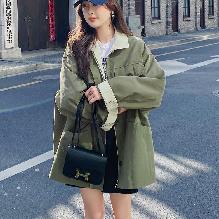 Loose Military Green Workwear Windbreaker Jacket for Women Springtime and Autumn New American Classic Casual Top College Style