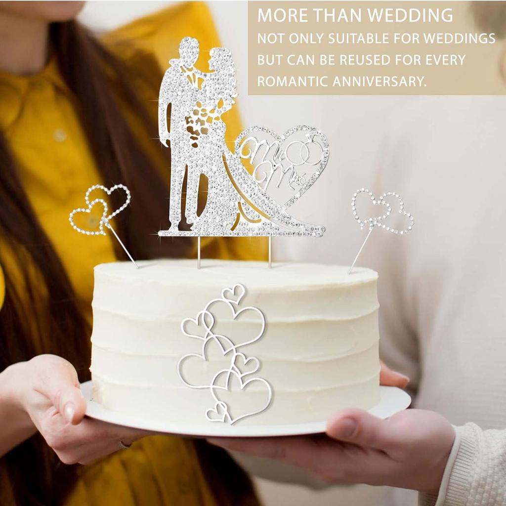 Silver Rhinestone Metal Love Wedding Cake Topper Mr and Mrs Cake Topper  Anniversary Cake Topper Heart Cake Topper for Wedding