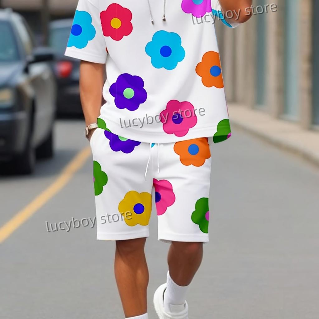 Colorful Flowers Printed Sport T-shirt+shorts Suit Set Men Male Luxury Tracksuit Outfit Summer Oversized 2 Piece Set Men Clothes