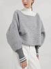 Gray 3D Pattern Batwing Sleeve Knit Sweater - Half High Neck European and American Style
